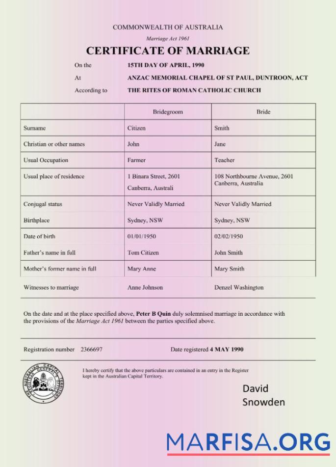 Realistic Australia Commonwealth of Australia marriage certificate Word and pdf format template